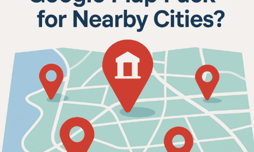 Google Map showing multiple city pins with a single business ranking across nearby locations